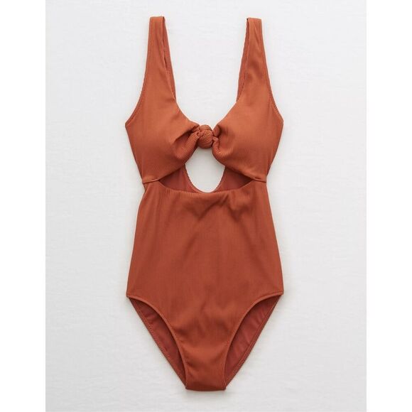 Aerie Ribbed Knot One Piece Swimsuit size L Tall Canyon Creek Brown - Picture 1 of 8